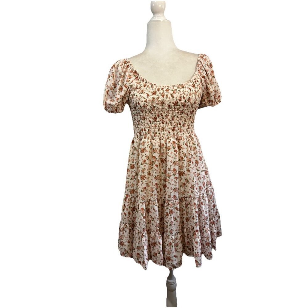 Altard State Milk Maid Smocked Floral Tiered Dress Short Puff Sleeve Women Large